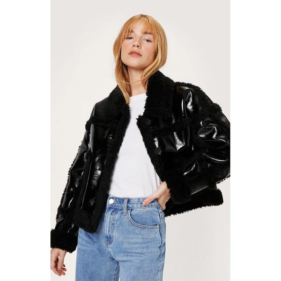 Nasty Gal Jackets & Blazers - Nasty Gal Aviator Jacket Faux Fur Trim Shiny Black Modern Boxy Size 6 Womens
